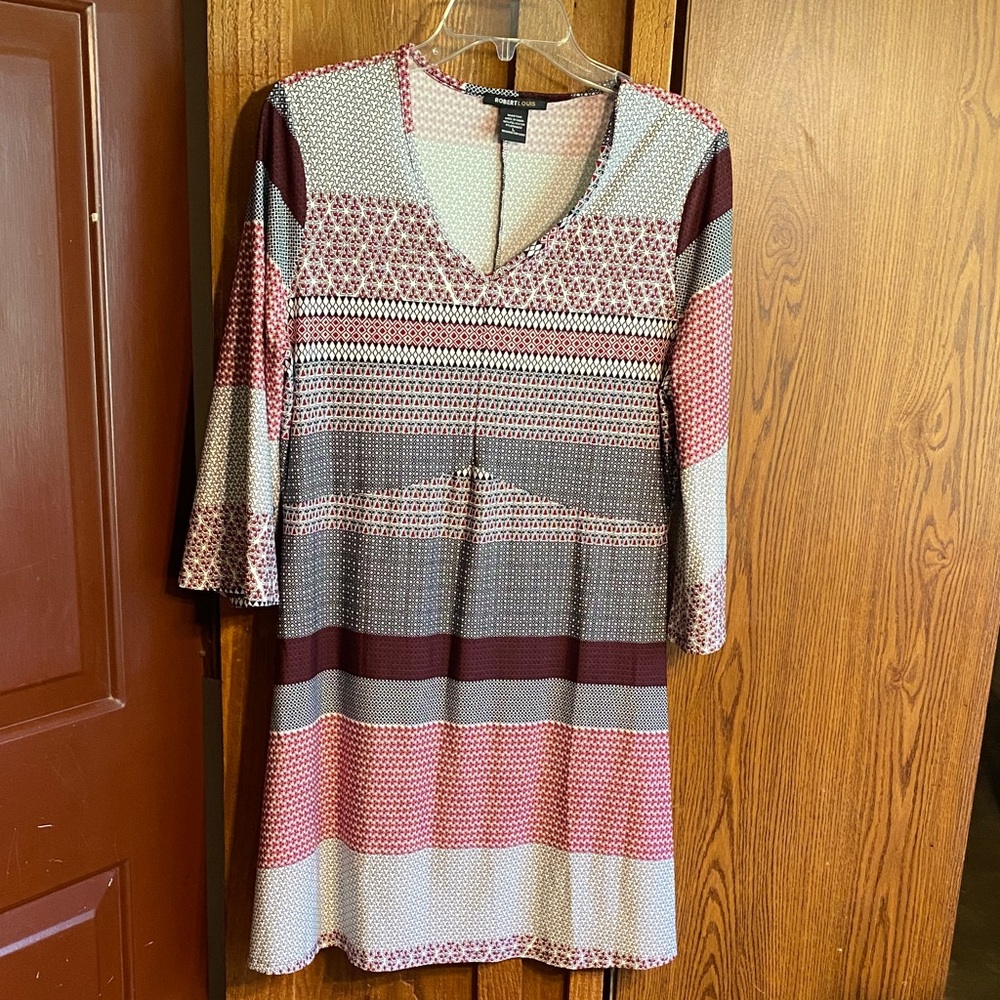 Robert Louis Burgundy, Pink and Gray Striped V-Neck Dress